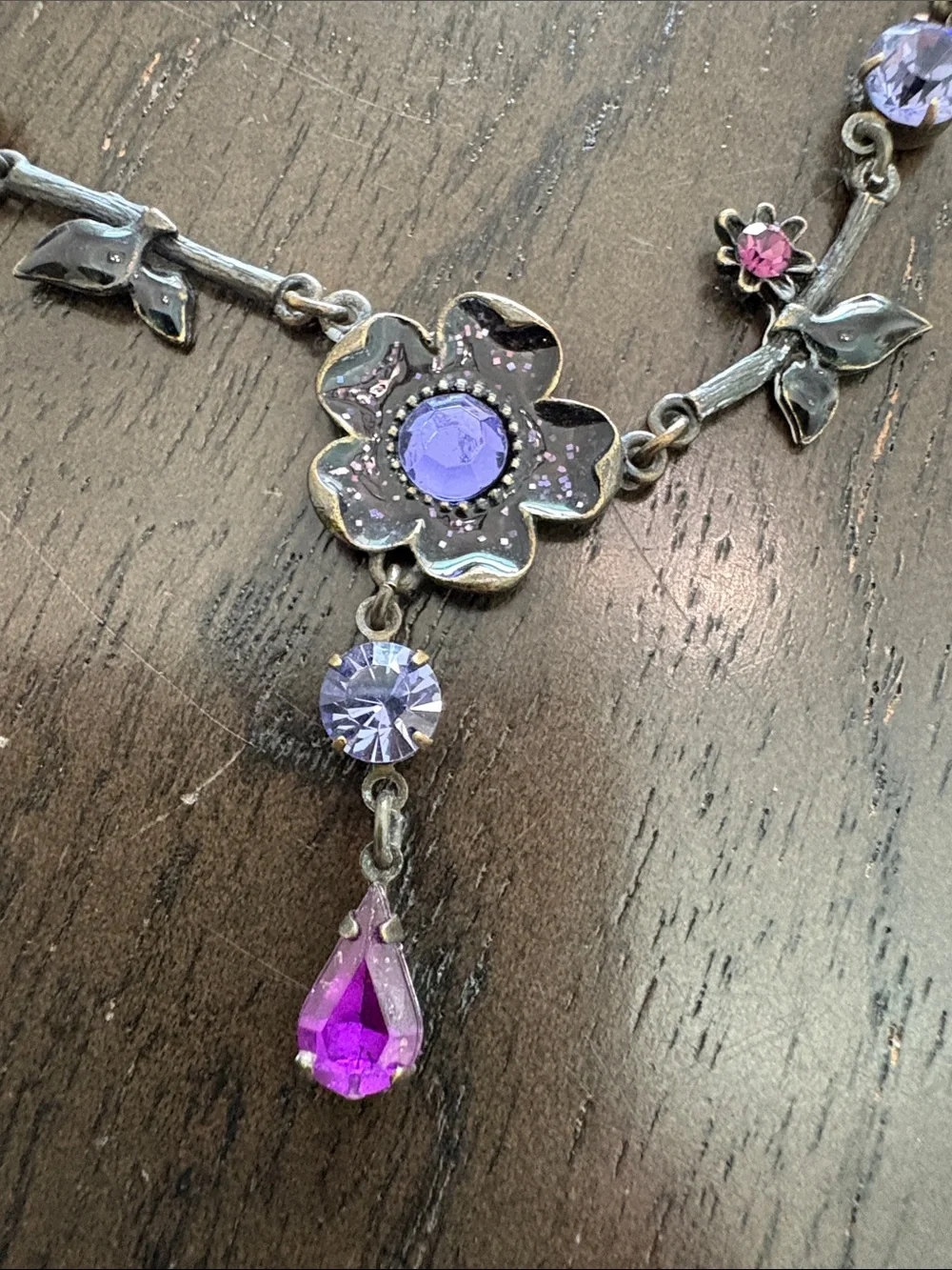 Avon Silver-Tone Floral Necklace with Purple and Pink Crystals - Picture 3 of 8